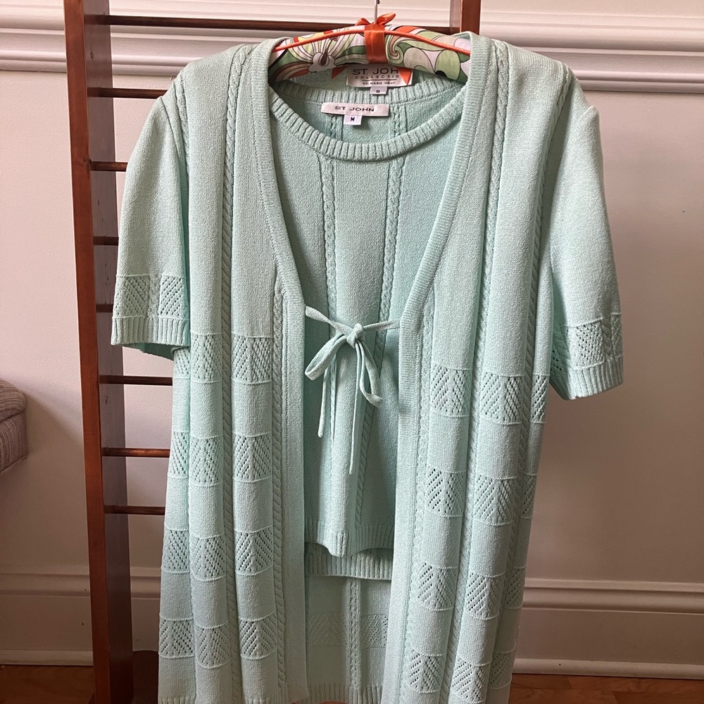St John Knit Collection Set Light Mint Open Stitch Tie Front jacket and Shell